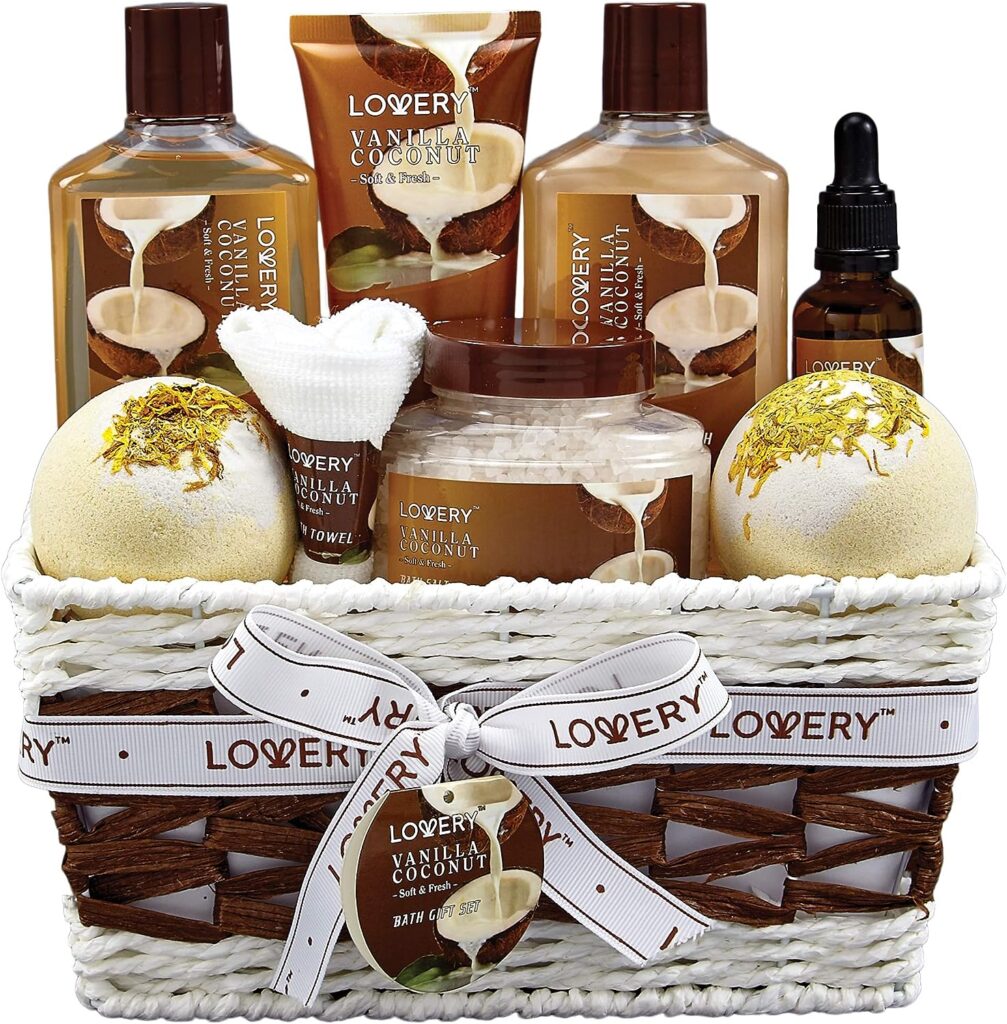 Bath and Body Gift Basket For Women and Men – 9 Piece Set of Vanilla Coconut Home Spa Set, Includes Fragrant Lotions, Extra Large Bath Bombs, Coconut Oil, Luxurious Bath Towel More