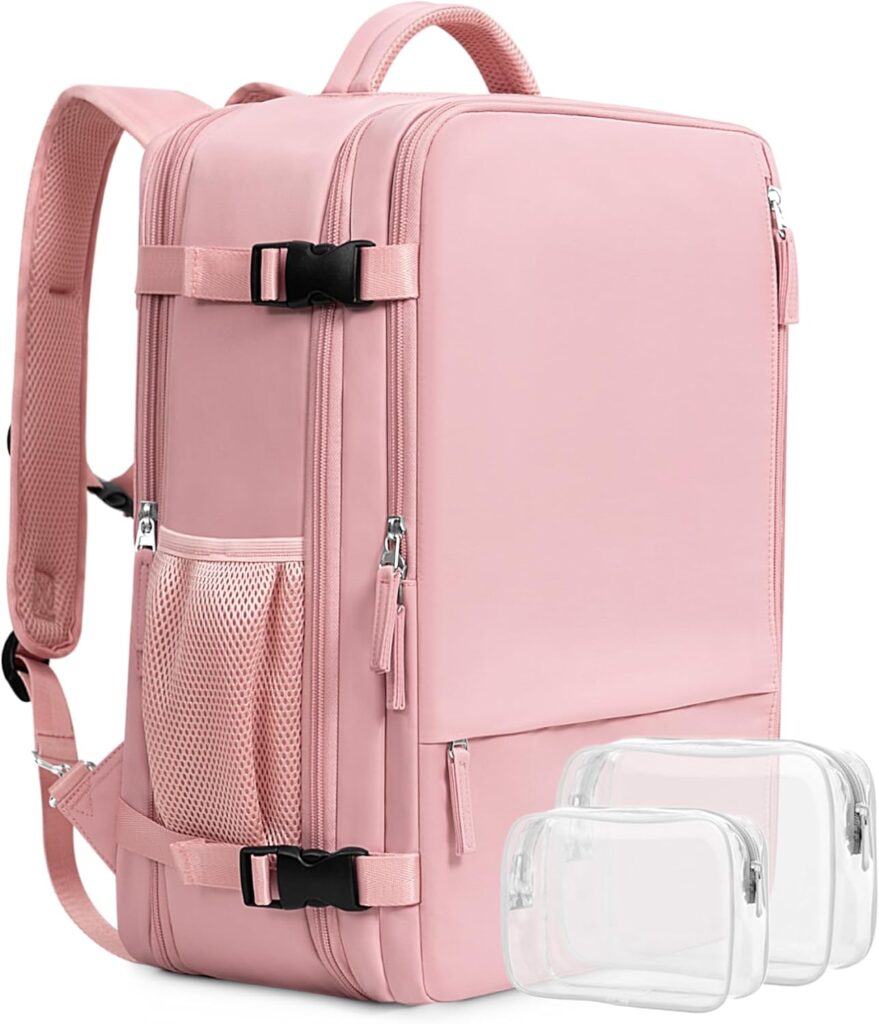 Beraliy Extra Large Travel Backpack for Women, Personal Item Bag Airline Approved, 40 L Carry On Luggage, 17 inch Laptop Backpack, Waterproof Backpack,Hiking Backpack, Pink Polyester