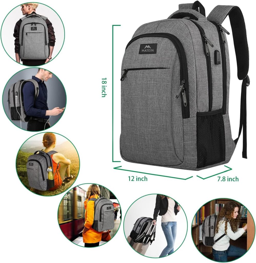 Matein Travel Laptop Backpack, Business Anti Theft Slim Durable Laptops Backpack with USB Charging Port, Water Resistant College School Computer Bag Gifts for Men Women Fits 15.6 Inch Notebook, Grey