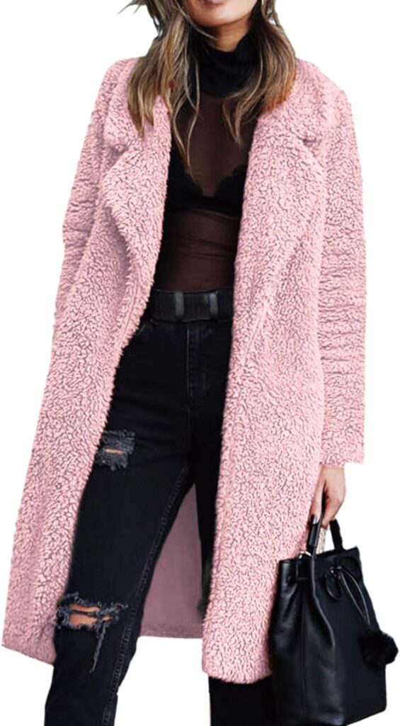 Angashion Womens Fuzzy Fleece Lapel Open Front Long Cardigan Coat Faux Fur Warm Winter Outwear Jackets