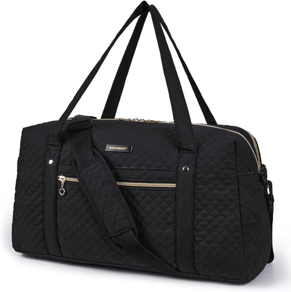 BAGSMART Travel Duffle Bag 31L Quilted Weekender Overnight Bag for Women with Laptop Compartment, Large Carry On Airport Bag with Wet Pocket Shoe Bag for Business Trips, Sports(Black)