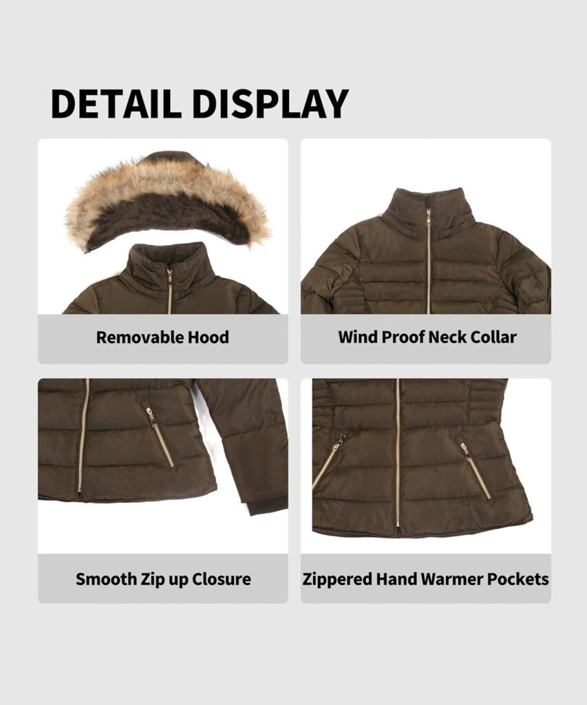 BodiLove Womens Fur Hooded Puffer Jacket With Zipper Fleece Lining