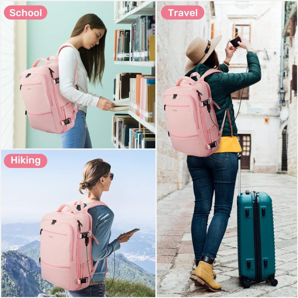 Carry On Backpack for Women, Cute Pink College backpack with USB Charging Port for 15.6inch Laptop, Flight Approved 35l Travel Backpack Casual Bag Luggage Gifts for Graduates Gym Weekend Hiking,Pink