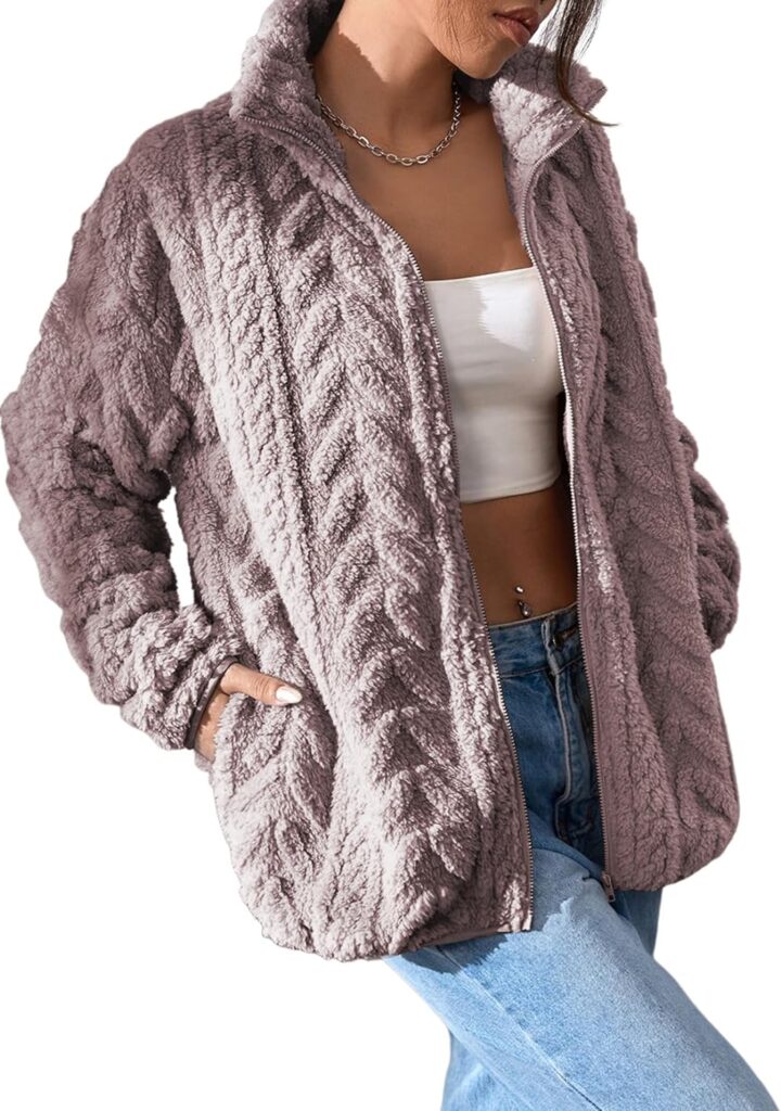 Dokotoo Winter Fleece Jacket for Women Zipper Up Zip Up Stand Collar with Pockets Coats