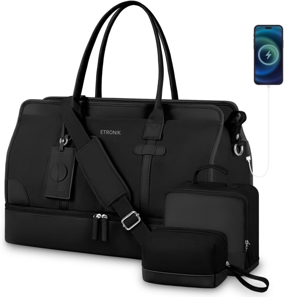 ETRONIK Weekender Bag for Women, Large Canvas Travel Bag with Bottom Shoe Compartment Wet Pocket Overnight Bag